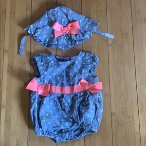 Anchor print bubble onesie with matching bonnet.
